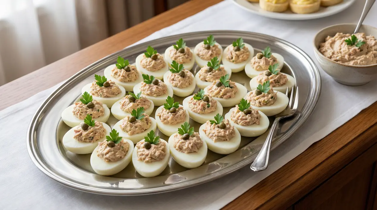 Vassoio di uova sode ripiene con tonno e maionese, guarnite con capperi e prezzemolo, pronte per un buffet