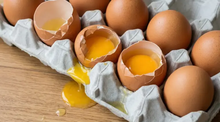 Uova rotte in un cartone, con tuorlo fuoriuscito sul tavolo