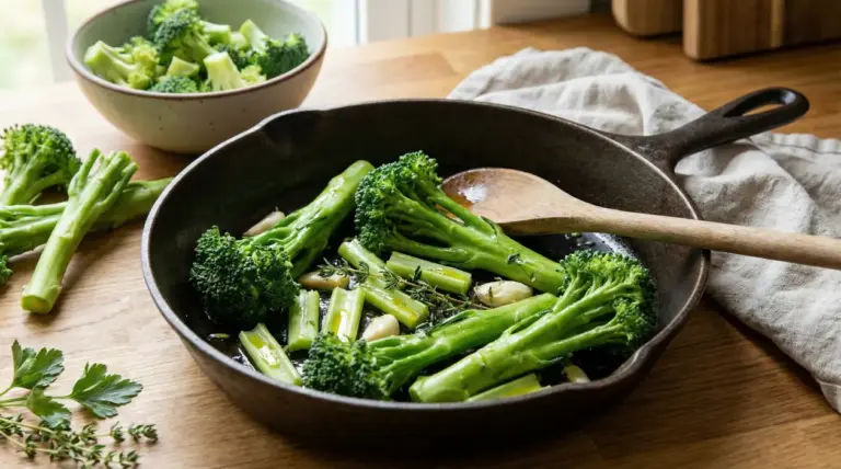 Gambi e cimette di broccoli saltati in padella con aglio ed erbe aromatiche su un piano di legno