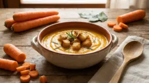 Ciotola di vellutata di carote con crostini e rosmarino, circondata da carote fresche su tavolo rustico