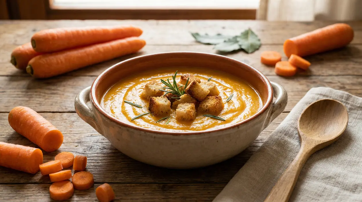 Ciotola di vellutata di carote con crostini e rosmarino, circondata da carote fresche su tavolo rustico