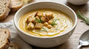 Ciotola di vellutata di ceci con crostini, olio d’oliva e rosmarino, servita su tavolo di legno