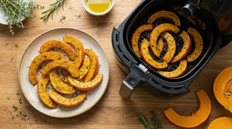 Fette di zucca cotte in friggitrice ad aria, servite su un piatto con erbe aromatiche
