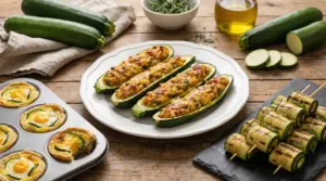 Tre ricette con zucchine: barchette gratinate, involtini grigliati e mini quiche su tavolo di legno