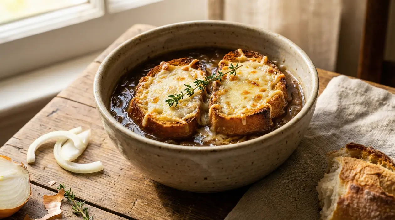 Zuppa di cipolle alla francese in ciotola con crostini gratinati al formaggio e rametto di timo